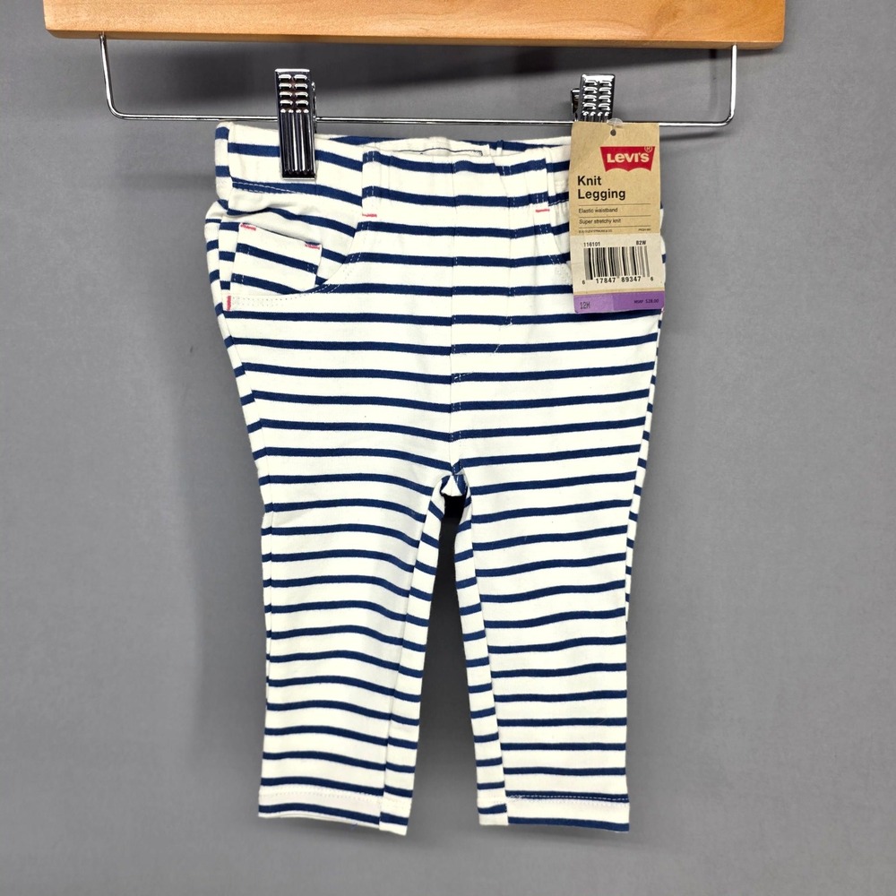 Levi's Striped Leggings Baby Girl 12M Blue White Knit Pants Elastic Waist